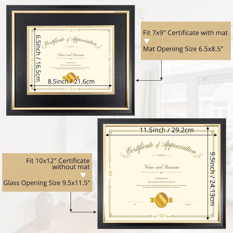 Hodeframe 10x12 Certificate Frame for 7x9 Diploma/Document/Picture with Black and Gold Mat, Solid Wood Degree Frame, High Definition Real Glass，Wall Display and Tabletop - Image 2